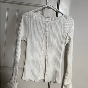 Free People White Ribbed Button-Up Top